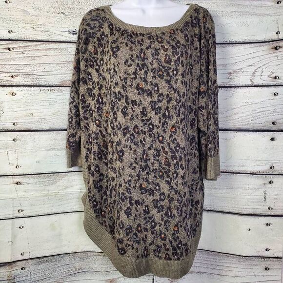 Maurices Women's Large Olive Green Leopard Print High-Low Tunic Sweater 3/4 Slee - Picture 1 of 8